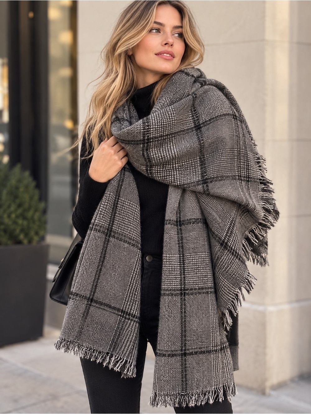 ZARA Oversized Plaid Blanket Scarf Shawl Wrap Gray Black Fringe